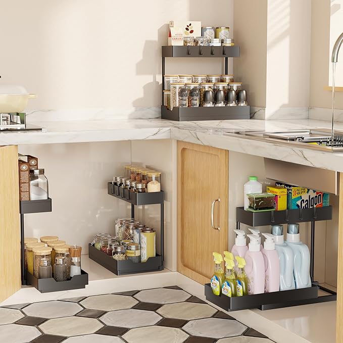 Simple Trending Under Sink Organizer 2 Pack, Sink Pull-Out Sliding Storage Cabinet, 2-Tier Under Shelf Organizer for Kitchen Bathroom with Hooks, Black