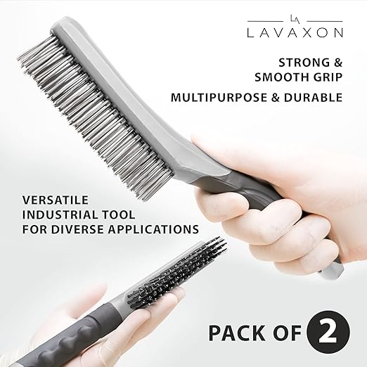 Wire Brush Set-Heavy Duty Stainless & Carbon Steel Bristles with Plastic Handle Grip for Rust, Wielding Slag, Dirt & Paint Scrubbing with Deep Cleaning – 10 Inches (Pack of 2-Gray)