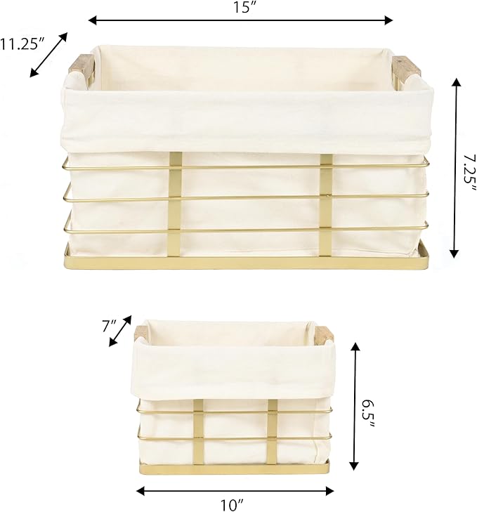 happimess BSK3002D-3SET Callan Vintage Industrial Wire Metal Nesting Storage Baskets with Wood Handles and Fabric Liner for Shelves, Cabinets, Pantry, Countertop, Mesh Open Bin, Gold (Set of 3)