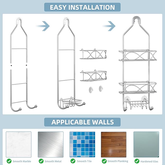 Shower Caddy Hanging 3 Tier with Two Movable Baskets, Grey Shower Caddy with Hooks for Towels, Sponge and More