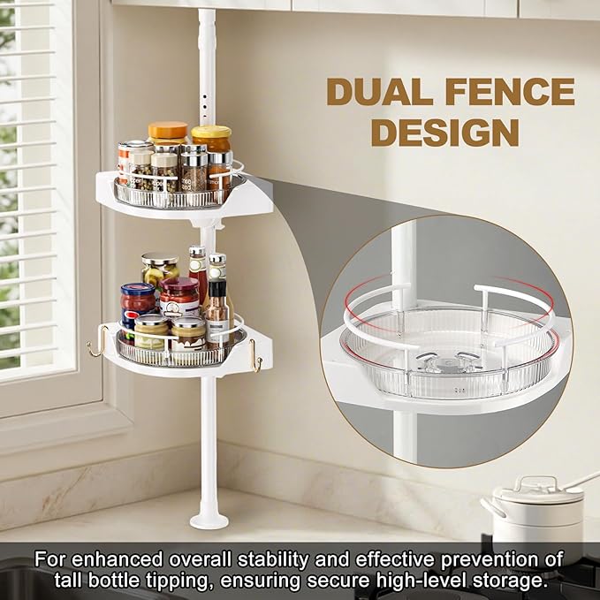 2-Tier Corner Spice Rack Organizer – 360° Rotatable, 19.68-43.5" Height Adjustable, 11LBS Load-Bearing with Hooks – Space-Saving for Kitchen Counter/Cabinet Gaps, Tame Seasoning Clutter (White)