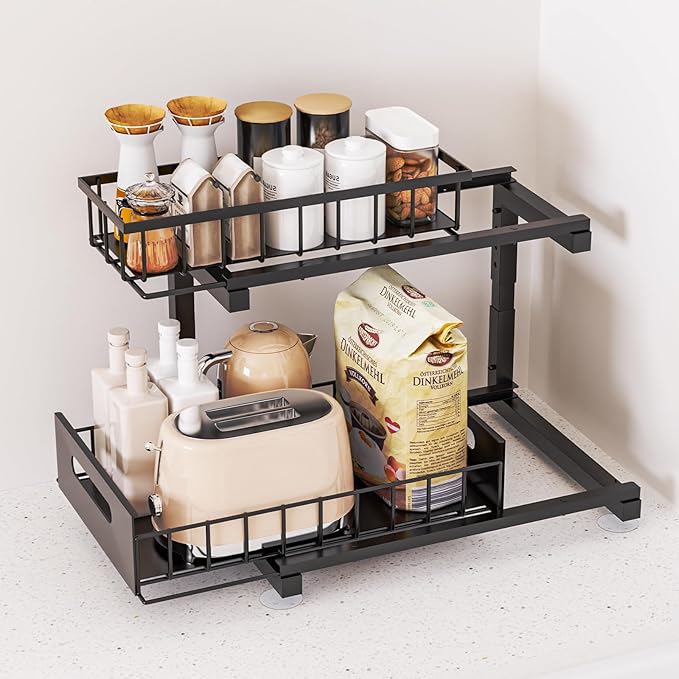 Under Sink Organizer, Heavy Duty Metal Pull Out Cabinet Organizer Slide Out Sink Shelf Organizer Height Adjustable, Multi-Purpose Storage Shelf for Kitchen Bathroom(Black,1Pack)