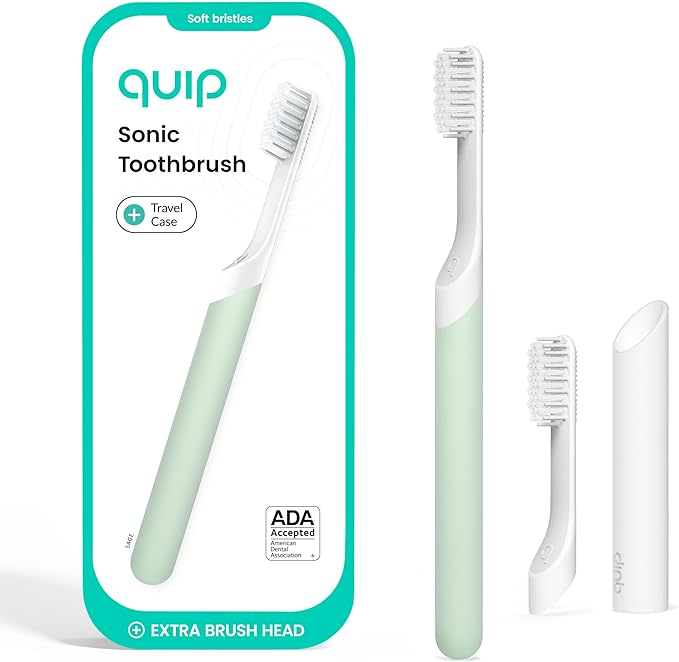 Quip Sonic Electric Toothbrush for Adults - Time Travel & Soft Bristles with Travel Case & Replacement Brush Head - 3 Month Battery Life, Plastic Handle - Sage