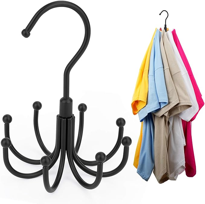 ZEDODIER Space Saving Hangers for Clothes,Rotatable Sturdy Shirt Hangers with 8 Hooks, Non Slip Multiple Shirt Organizer for T-Shirts Sweatshirts Hoodies, Black