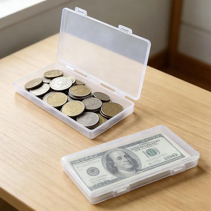 2PCS Small Clear Plastic Storage Box, 6.4‘’ X 3.4‘’ X 0.6‘’ Ultra-Slim Organizer Case for Business Cards, Money, Jewelry & Crafts, Transparent Rectangle Hinged Container for Collecting Mini Item