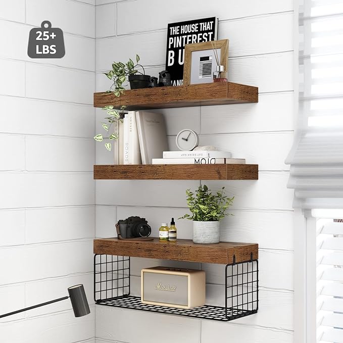 QEEIG Bathroom Shelves Over Toilet - Wall Mounted Floating Shelves Toilet Paper Storage Small Farmhouse Decor Shelf 16 inch Set of 3, Rustic Brown (019-BN3)