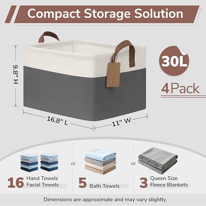 CHICVITA 4 Pack Large Storage Baskets for Shelves, Collapsible Closet Organizer Bins with Handles, Decorative Shelf Baskets for Bedroom Living Room, 16.8" x 11" x 9.8", Gray & White