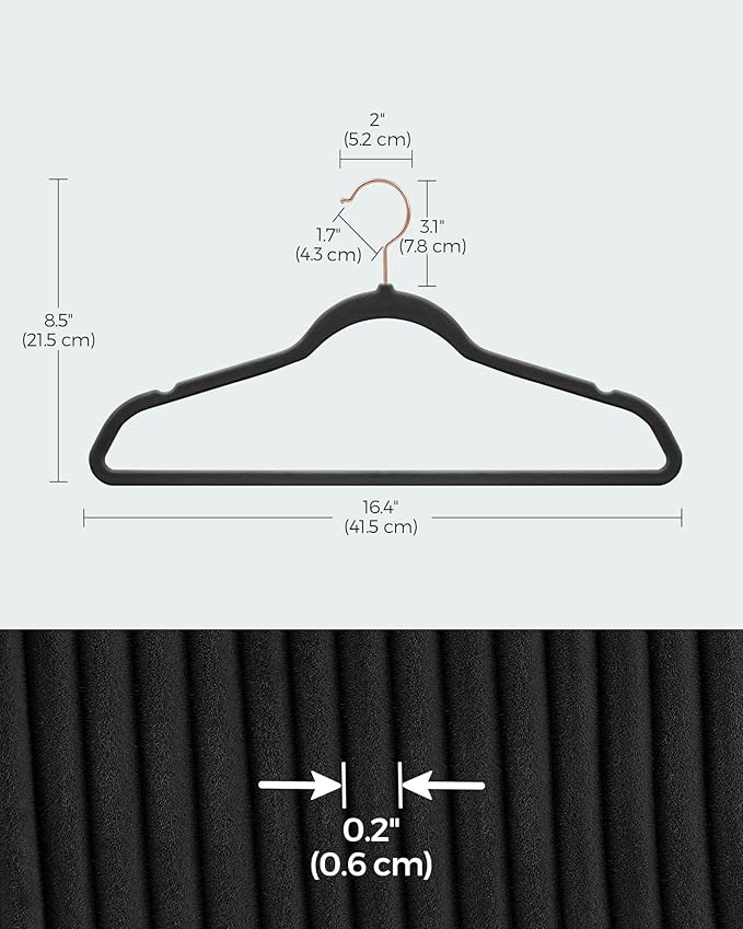 SONGMICS Slim Velvet Hangers, Non-Slip Clothes Hangers with Rose Gold Swivel Hooks, Space-Saving, for Closet, 50 Pack, Black UCRF026B50