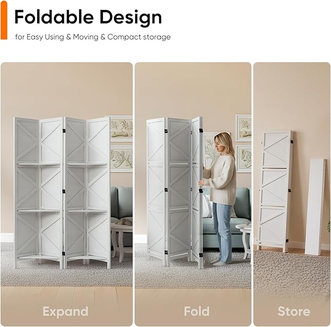 Modern Room Divider with Shelves, White X-Shape Design Folding Partition, 4-Panel Contemporary Freestanding Divider for Bedroom&Office, 67" H x 64" W