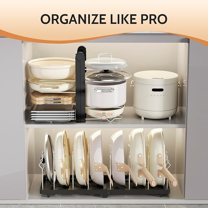 CEHNCEH Pots and Pans Organizer under Cabinet for Cabinet and Countertop Longest 28.5 in Foldable Adjustable 8-Tier Pan Organizer Rack Perfect to Store Pots, Kitchen Cabinet Organizer (Black)