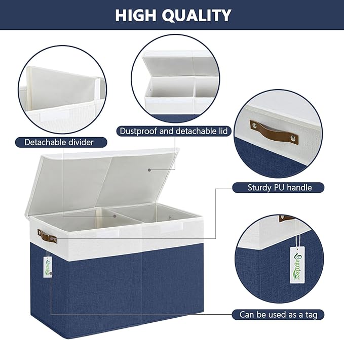 Large Toy Storage Box with Lids, Collapsible Sturdy Baby Storage Organizer Chest Bin Basket for Kids, Boys, Girls, Playroom, Nursery, Bedroom, Closet 25"x13"x16" (Navy Blue and White)