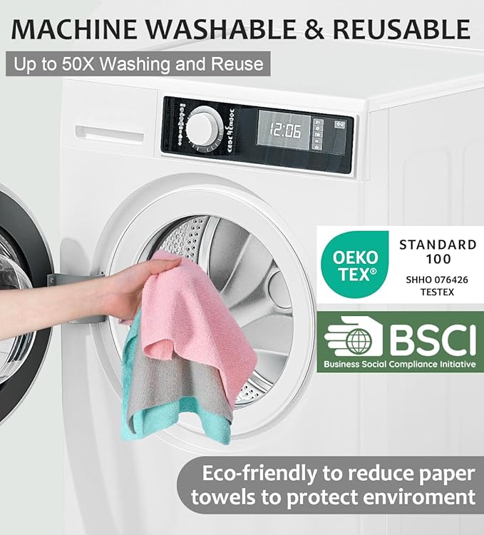 UPSTAR Microfiber Cleaning Cloth, Reusable Paper Towels Rolls, 50 Packs 12x12 inch Cleaning Rags for Washing Dishes, Kitchen, Bathroom, Car, Pink