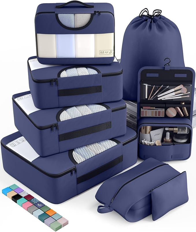Veken 8 Set Packing Cubes for Travel Essentials, Suitcase Organizer Bags in 4 Sizes, Carry-On Luggage Accessories with Large Laundry & Hanging Toiletry Bag, Must-Have for Airplane, Road Trip & Camping
