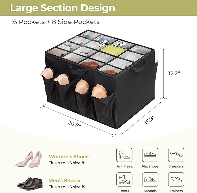Shoe Organizer for Closet, Shoe Storage Solution with Clear Cover & Adjustable Dividers, Fabric Shoe Box Fits 16 +8 Pairs Shoes, Black, 2-Pack