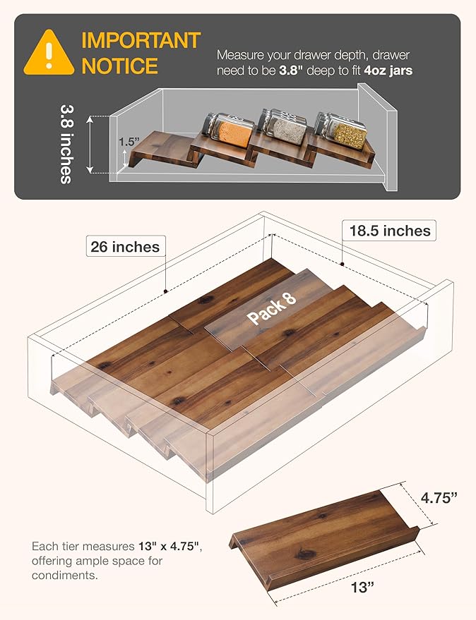 Tinamo Acacia Wooden Spice Rack Organizer for Cabinet - Spice Drawer Insert, Spice Organization for Cabinet, Seasoning Organizer, Spice Holder Pack of 8 (Walnut, Pack 8)