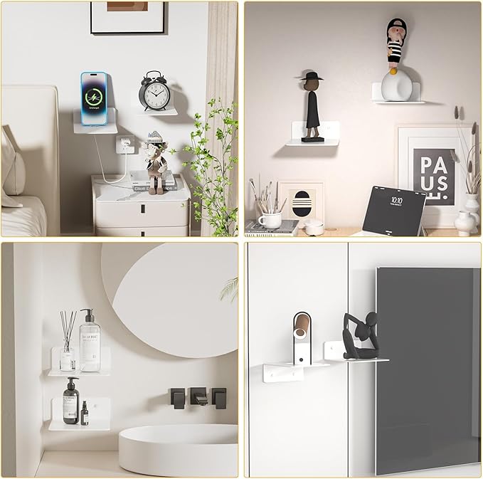 Wisfame Small White Shelves for Wall, 4.92 Inch Metal Floating Shelves for Echo, Cameras, Small Speaker, Adhesive Display Ledges, No Drilling Wall Shelves for Bathroom, Living Room, Bedroom, 2 Pack