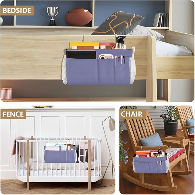 KOPIRIT Purple Bedside Caddy Storage Bag Bedside Organizer for College Dorm Top Bunk Bed Hanging Storage Organizer 6 Pockets with Hooks for Book Glasses Phone Holder