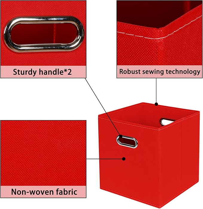 Fabric storage bins Cubes, Fabric Cube Organizer with Handle, Foldable Cube Bins for Cloth or Accessary Storage, 11x11x11, Set of 3, (Red)