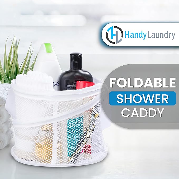 Handy Laundry Foldable Shower Caddy - Collapsible, Portable, Drainage Hole, Carry Handle, Large Compartments, Great Organizer for Camp, Travel, Gym, and Dorm (White)