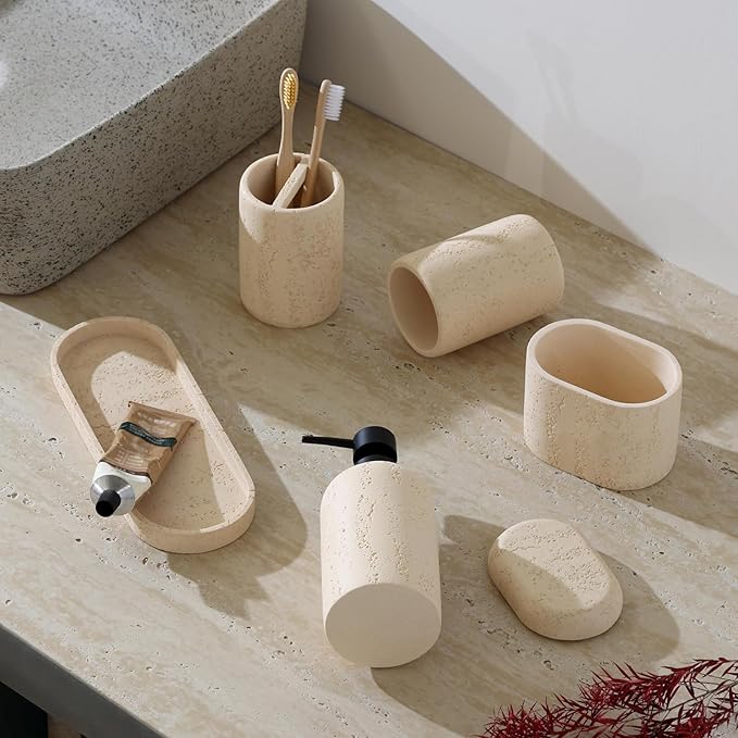 Bathroom Accessories Set, Travertine Stone-Look, 5 PCS Bathroom Accessory Set with 13.53 OZ Soap Dispenser, Toothbrush Holder, Tumbler, Vanity Tray, Cotton Swab Jars for Countertop (Yellow)