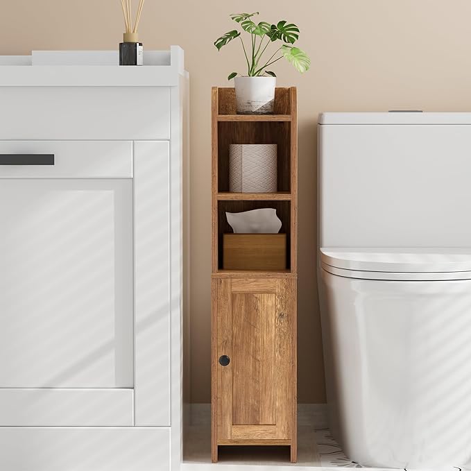 Homhedy Small Bathroom Storage Corner Floor Cabinet with Door and Shelves, Beside The Toilet Paper Stand for Skinny, Narrow Toilet Paper Cabinet, 7.9" D x 7" W x 31" H, Rustic Walnut