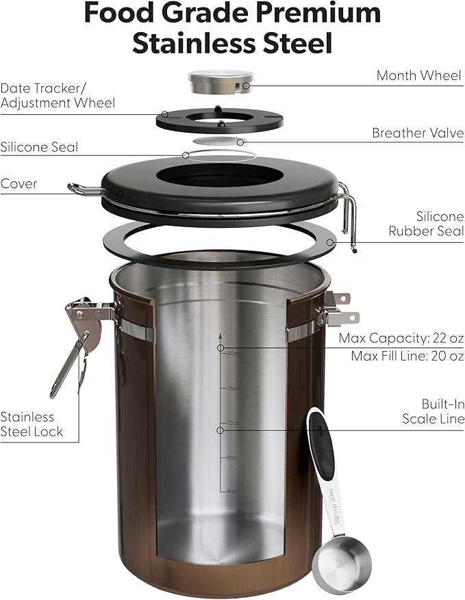 Veken Coffee Canister with Window,Airtight Stainless Steel Kitchen Food Storage Container, Date Tracker & Scoop for Grounds Coffee, Beans, Tea,Flour,Cereal,Sugar,22OZ,Copper