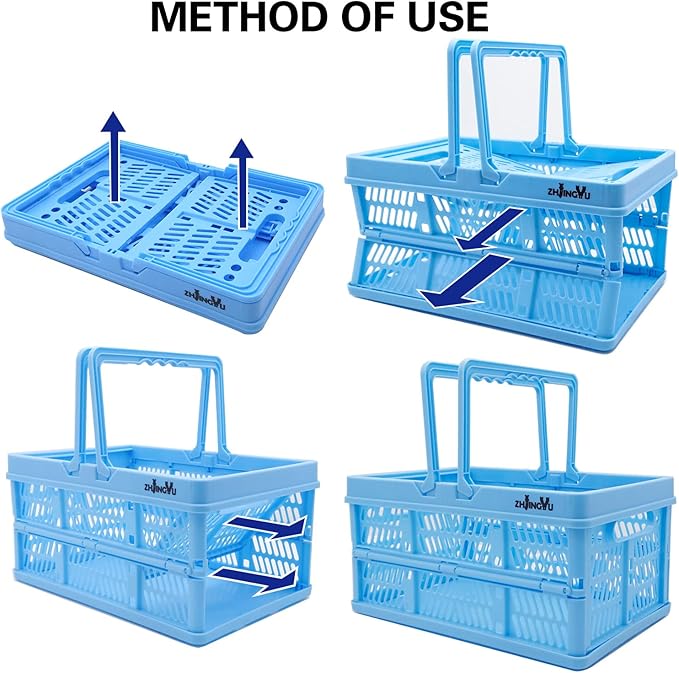 crates for storage,plastic baskets for organizing,collapsible shopping basket,foldable crate with Handles,collapsible storage crate,car basket,for Kitchen,Bathroom,Medicine (Blue, S)