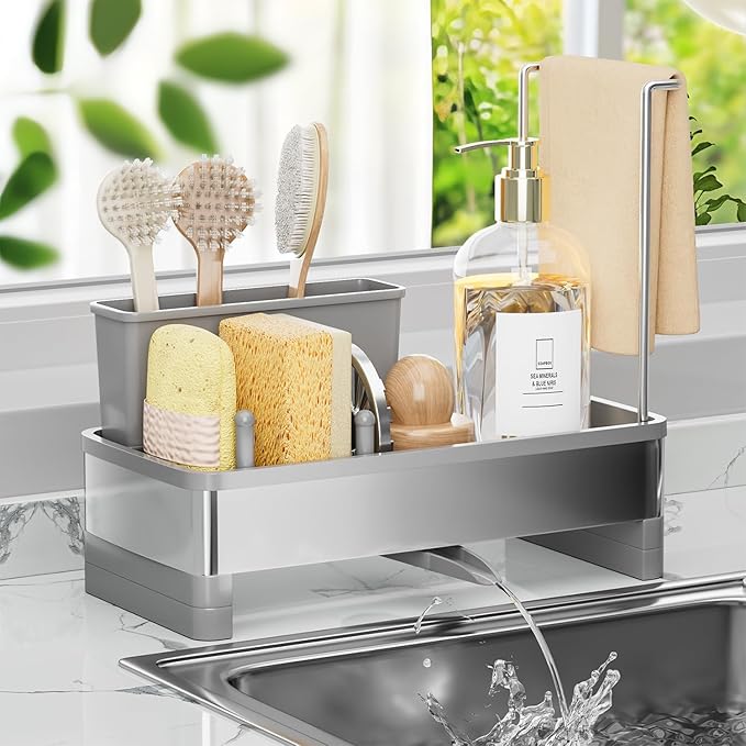 VUSIGN Sponge Holder for Kitchen Sink, Sink Caddy Organizer with Brush Holder, Rustproof Stainless, Self-Draining Sink Organizer for Countertop, Sponges, Brushes, Kitchen Decor and Accessories, Gray