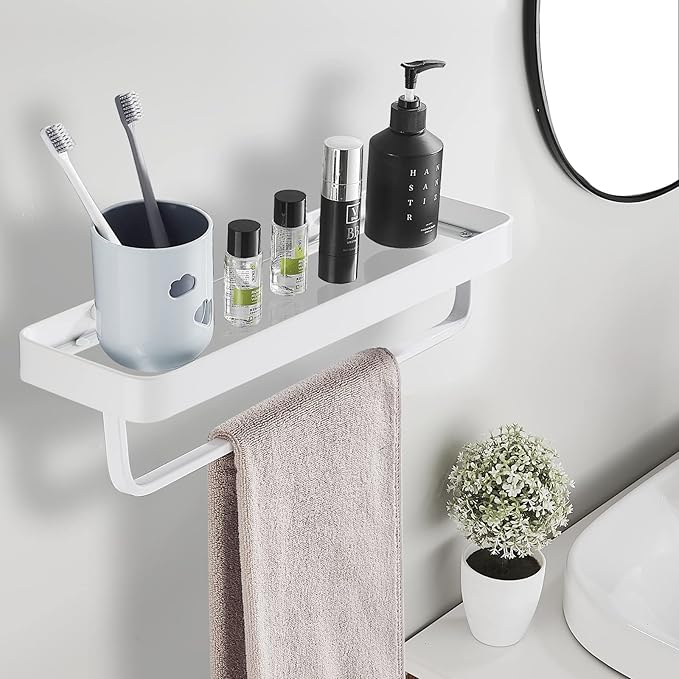 Bathroom Tempered Clear Glass Shelf with Towel Bar Wall Mounted 15.7 Inch Shower Organizer Modern Metal Kitchen Spice Decor Rack Over Toilet Storage Holder Rectangular Vanity White