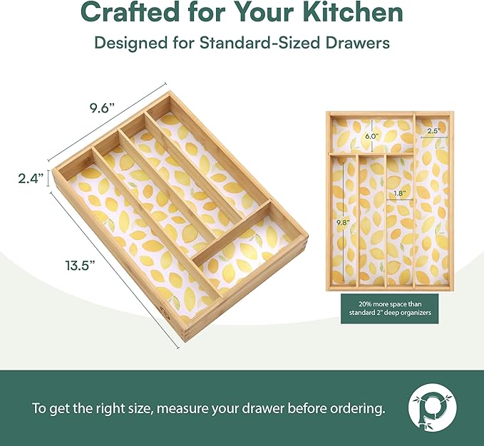 Drawer Organizer - Silverware Organizer with 5 Slots, Lemon Print