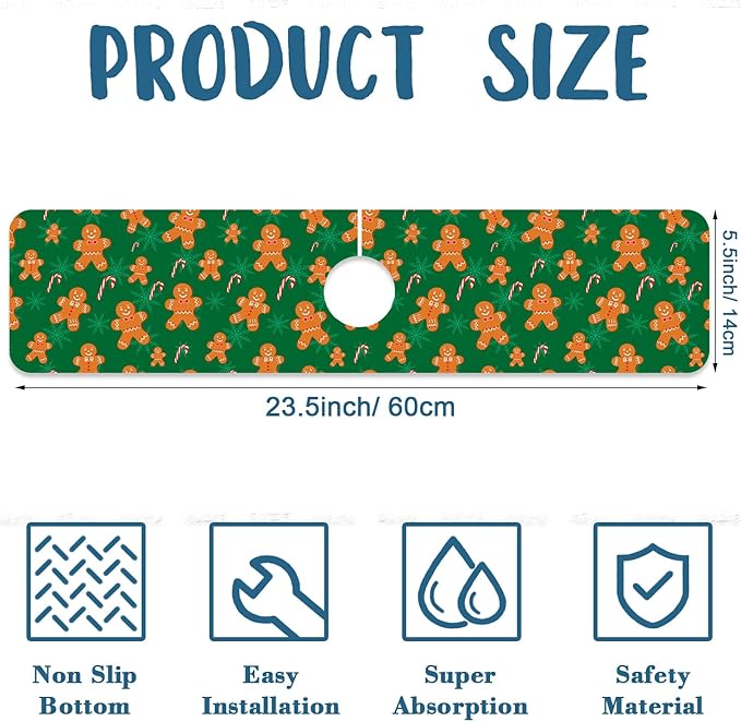 Christmas Happy New Year Sink Faucet Absorbing Mat Santa Claus Super Absorbent Fast Drying Mat Sink Gadgets Behind Faucet Sinkmat for Kitchen Bathroom, 23.5"x5.5"