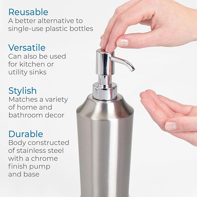 iDesign Stainless Steel Soap Dispenser Pump, The Preston Collection – 2.9" x 2.9" x 8.5”, Brushed & Chrome Split Finish