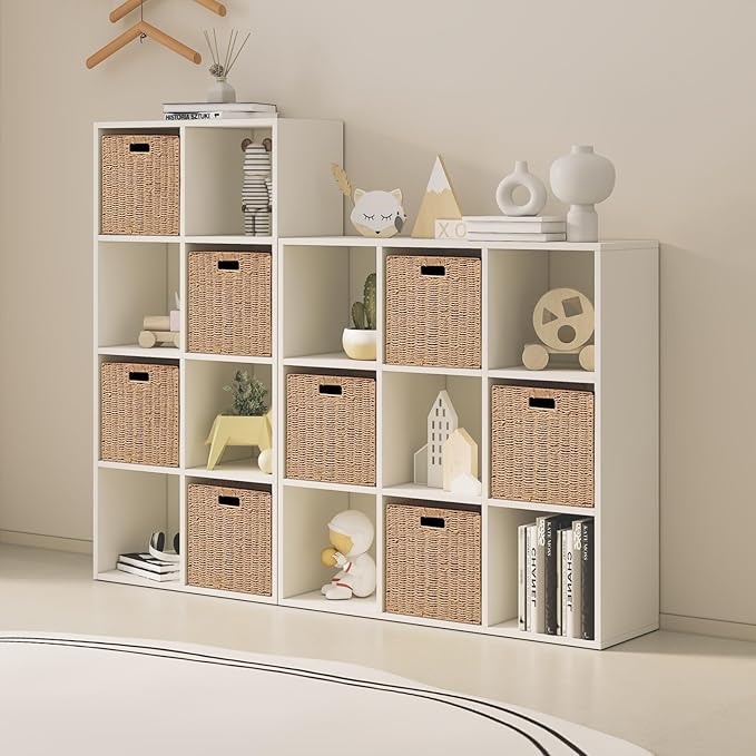 Foldable Storage Baskets with Handles Paper Rope Storage Baskets Rectangle Collapsible Hand Woven Storage Cubes Bins for Organizing Shelves Living Room Bedroom Pantry (4, 11'' x 11'' x 11'')