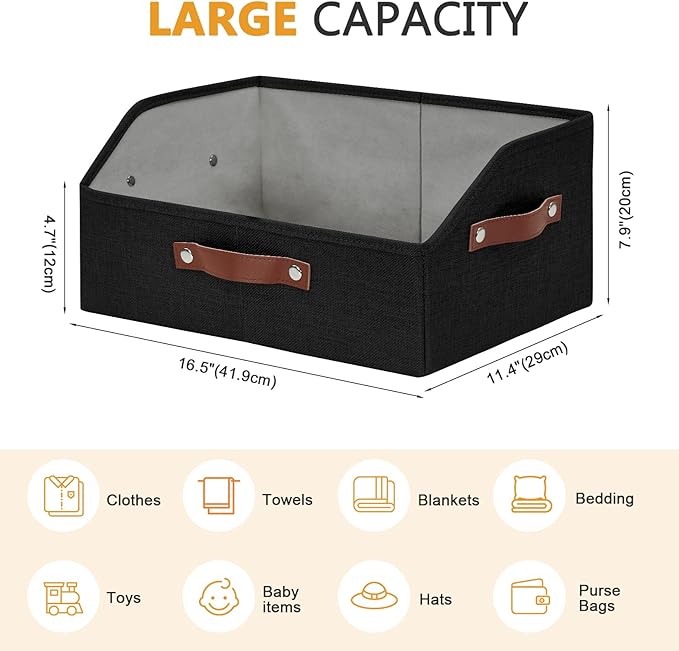Closet Organizers and Storage, Linen Trapezoid Storage Bins with Handles, Collapsible Shelf Organizer for Blanket, Towel, Clothes, Hats, Purse (Black)