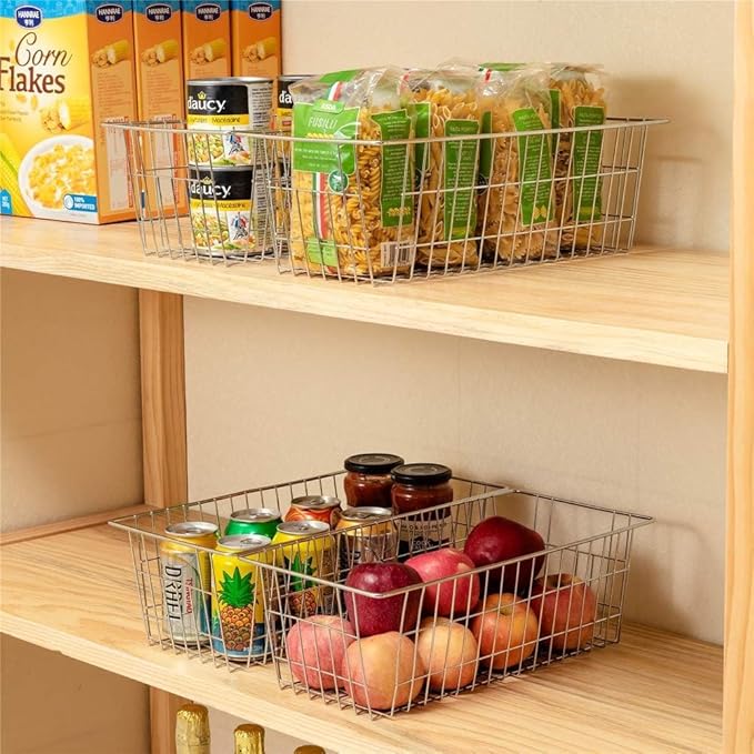 SANNO Farmhouse Freezer Bastets Organizer Bin Large Metal Wire Food Storage Organizer Bin Basket - for Kitchen Cabinets, Pantry, Bathroom, Laundry Room, Closets, Garage - Chrome, 3 pack