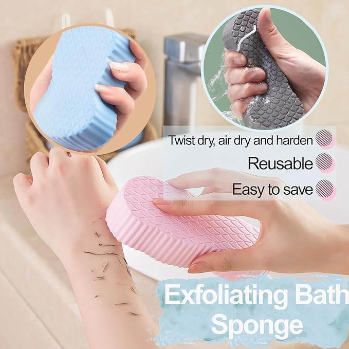 3PCS Magic Exfoliating Body Bath Sponge, Soft Exfoliating Bath Sponge,Remover Dead Skin and Reusable (Blue, Pink, Gray)