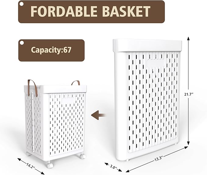 UAK 67L Plastic Laundry Basket with Wheels & Handle, Heavy Duty Foldable Laundry Hamper – Easy Clean Waterproof Rolling Organizer for Bathroom & Laundry Room, White