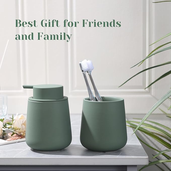 INGOFIN Ceramic Toothbrush Holder, 12 oz Bathroom Toothbrush Holder Ceramic Holder for Toothbrush, Toothpaste Holder and Cup, Matte Green