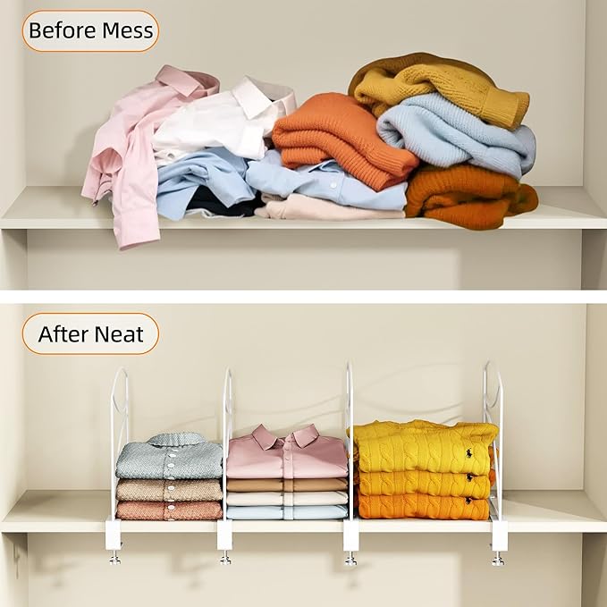 8-Piece Wire Shelf Dividers for Closet Organization, Upgraded C-Clips Adjustable Metal Shelf Dividers Suitable For Bedrooms & Kitchens, Storage Helper for Handbag Sweater Shirt Ankle Boots, White