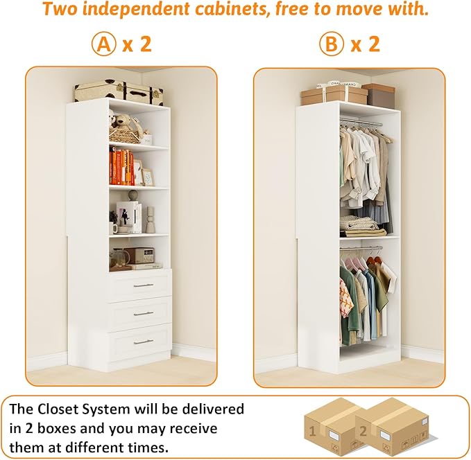 Closet System of 2 Sets with 3 Drawers & 4 Shelves & 4 Hanging Rods, 4FT-10FT Closet Organizer System, Walk in Closet, Modular Closet System White (4FT)