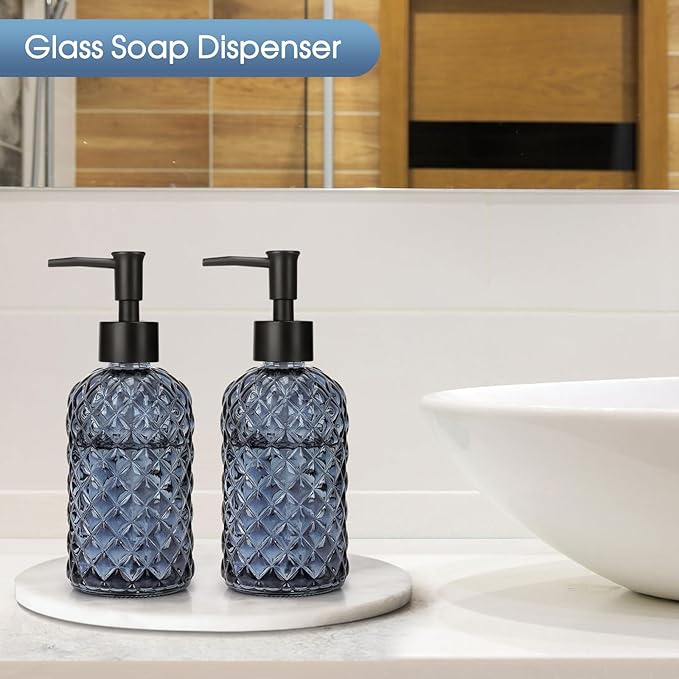 2 Pack Gem Glass Soap Dispenser with Black Plastic Pump, 13oz Liquid Hand Soap Dispenser, Rustproof Pump for Kitchen & Bathroom, Great for Lotions, Essential Oil, Liquid Soaps-Grayish Blue