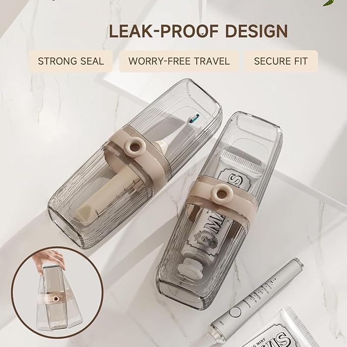 Topavatop Toothbrush Travel Case, 2 in 1 Toothbrush Holder and Rinse Cup, Large Capacity Toothbrush Cup with Cover, Portable Travel Toothbrush Holder for Traveling, Camping, Trip - 1Pcs - Beige&Clear