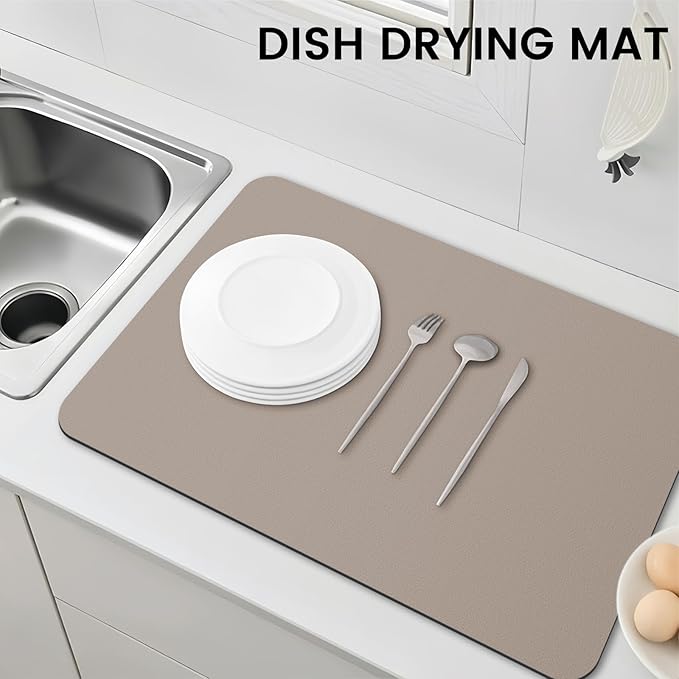 WISELIFE Dish Drying Mat Super Absorbent Drying Mat Large Dish Drying Mats for Kitchen Counter Easy Clean Dish Mat Kitchen Drying Mat16"x 24" Classic Khaki