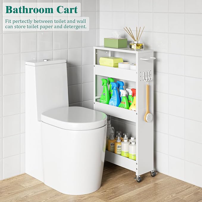 Slim Storage Cart, 4 Tier Rolling Kitchen Cart on Wheels for Small Space, Narrow Laundry Bathroom Organizers Mobile Shelving Unit Metal Utility Cart with Handle, 5.9in Width, White