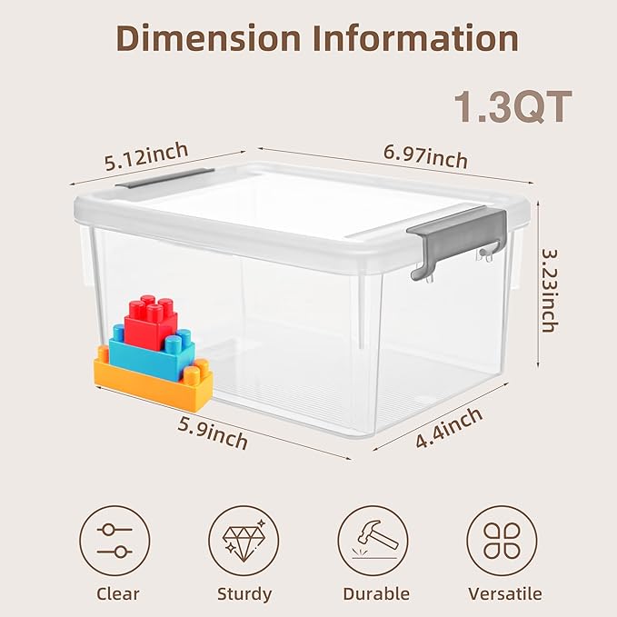 Citylife 8 Packs Small Storage Bins 1.3 QT Plastic Storage Container Stackable Box with Lids for Organizing, Clear White