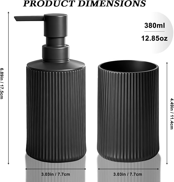 Bathroom Set Accessories, Black Soap Dispenser and Toothbrush Holder Complete 2 Piece Plastic Hand Dish Soap Counter Set for Modern Decor