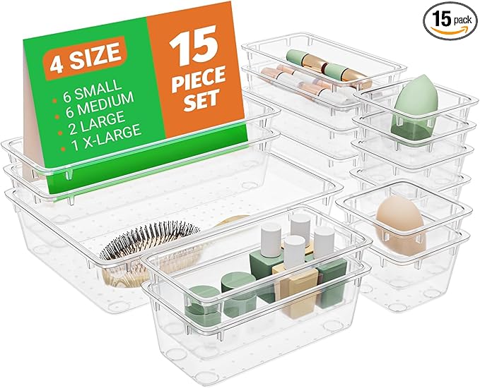 15 PCS Clear Plastic Drawer Organizer Set, 4-Size Acrylic Drawer Storage Trays, Storage Bins for Makeup, Gadgets, and Jewelry in Bathroom, Bedroom and Office, Clear