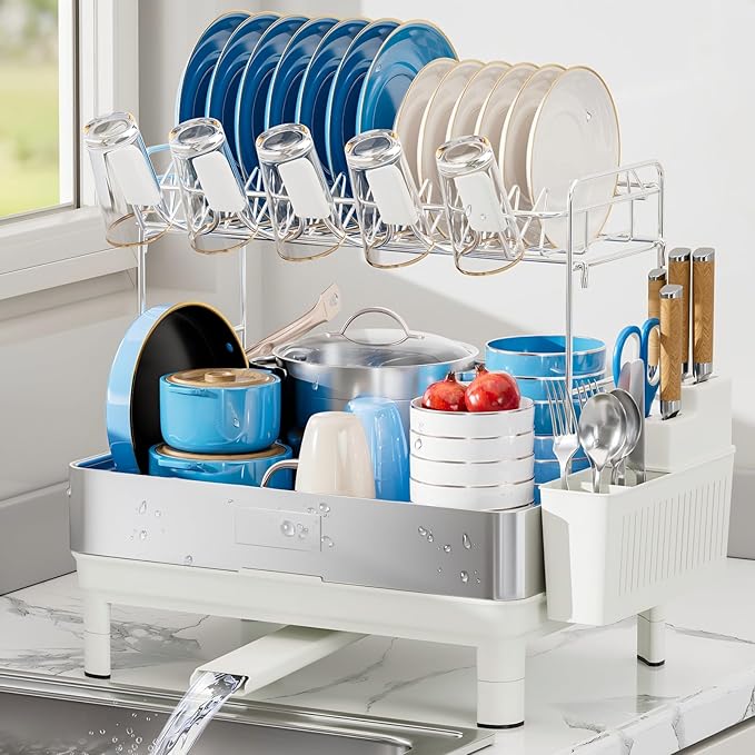 Large Dish Drying Rack, 304 Stainless Steel Dish Racks for Kitchen Counter, Automatic Drainage Spout, Rustproof Kitchen Dish Drainers with Drainboard, Utensil Holder & Glass Holder, White