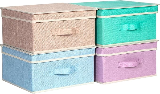 Storage Bins with Lid, Foldable Clothing Storage Box case with Handle for Closet, Bedroom, Home, 4 Color Set B, 13L x 12.5W x 7H inch
