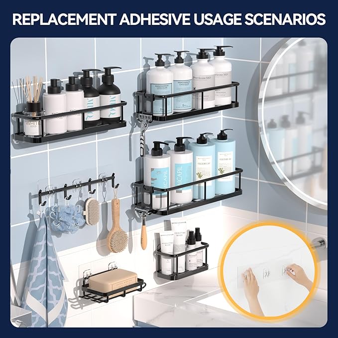 YASONIC 2-Pack Shower Caddy Adhesive Replacement - Transparent Shower Adhesive Strips, No Drilling Hooks for Bath Storage Shelves, Kitchen Racks, Basket & Soap Holder